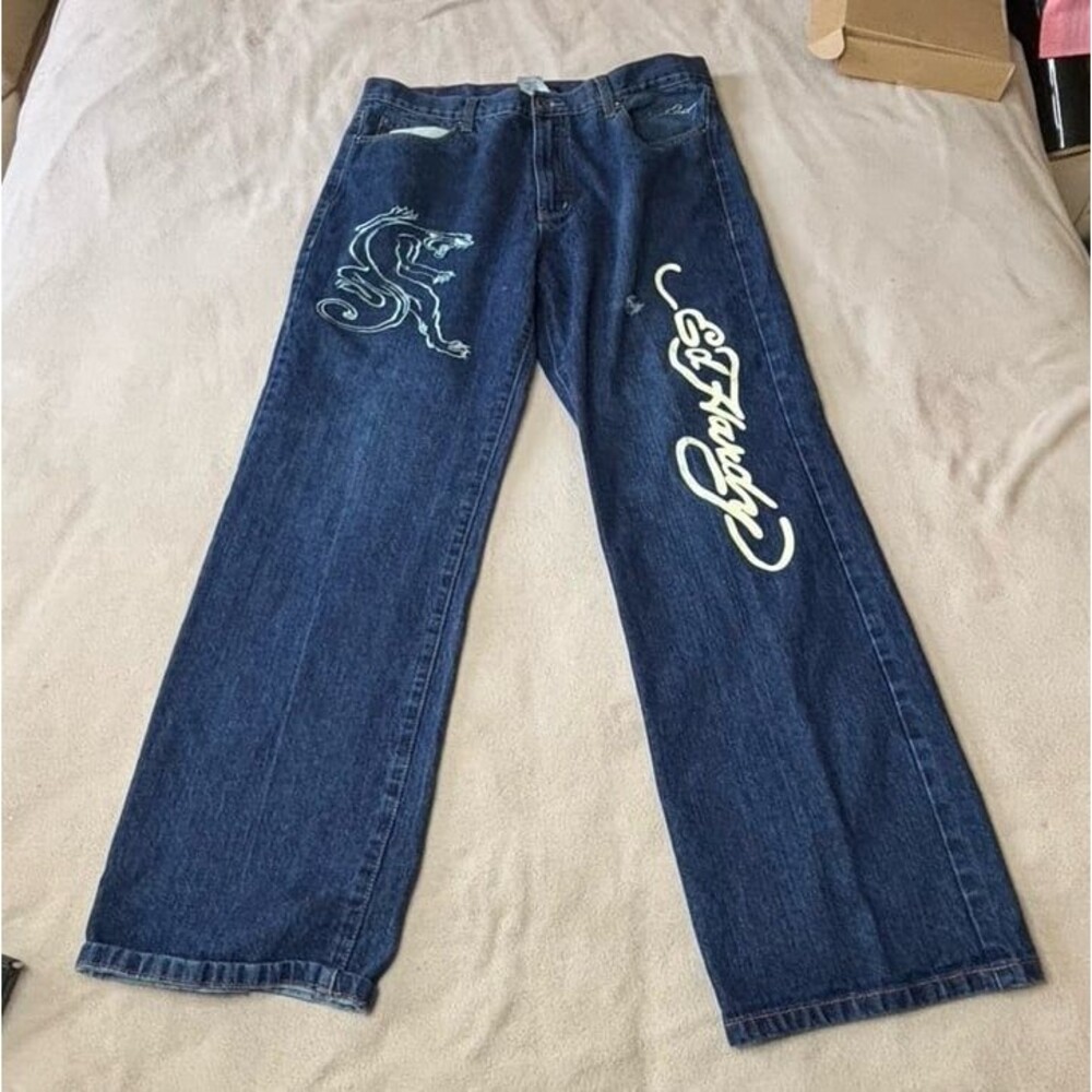 Ed Hardy Jeans Mens 38x34 Blue Embroidered Y2k Hawk Eagle Panther Large Print